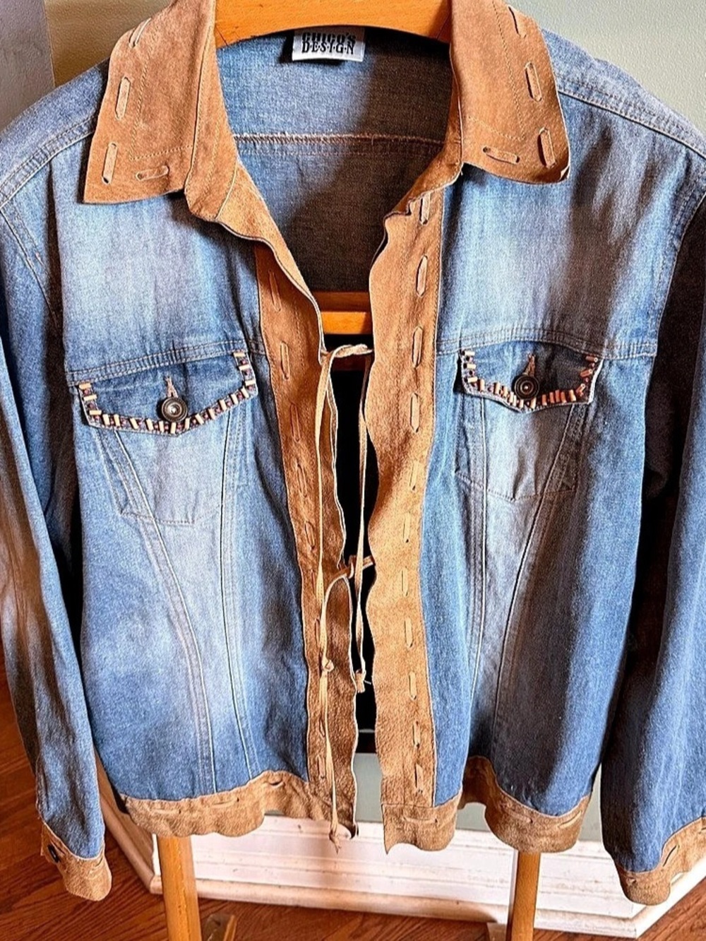 Chico’s Design Vintage Denim Suede Trim Beaded Jacket - Size 2/US Large